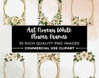 Art Nouveau Floral Frame Clipart Set, 35 PNG White Flower Frames, Gold Filigree Borders, Vintage Botanical Wedding Invitation Graphics