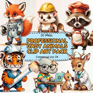 May include: A digital clip art pack featuring cartoon baby animals in professions. The image includes a fox astronaut, hedgehog builder, raccoon chef, tiger engineer, elephant office worker, and deer doctor. Text reads "Professional Baby Animals Clip Art Pack."