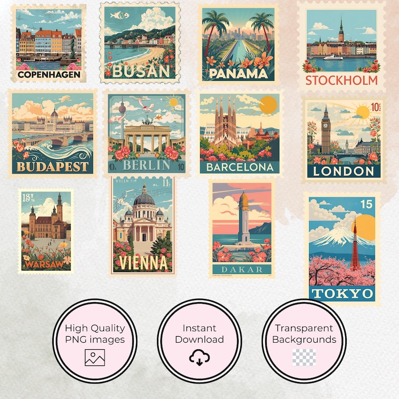 Vintage Travel Stamp Clipart Bundle: 65 Retro World Landmark PNG ...