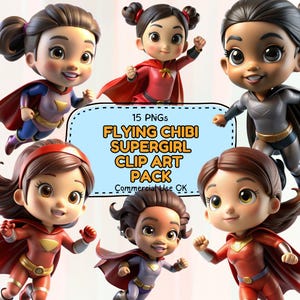 15 Chibi Superhero Girl Cliparts, Cute Kawaii Flying Heroes PNG, Adesivos Digitais, Scrapbooking, Decoração de Festa, Download Instantâneo