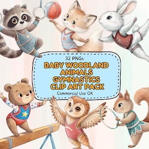 Clipart de gymnastique animal bébé des bois - 32 PNG Style peint à la main, animaux de la forêt mignons, thème de la gymnastique, téléchargement numérique
