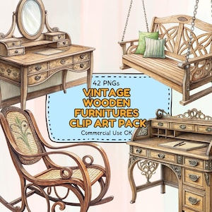 Vintage Wooden Furniture Clipart Set | 42 Hand-Painted Antique PNGs with Chairs, Tables, Wardrobes & More for Junk Journals