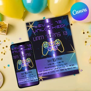Neon 13th Birthday Invitation Template: Glow Party, Editable Canva Design (5x7 Digital Download