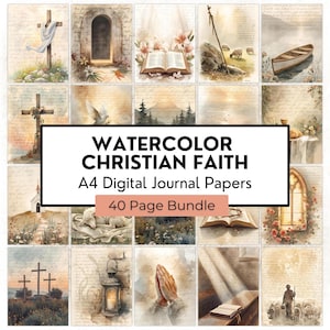Peut inclure: Ensemble de papiers de journal numériques aquarelle sur le thème chrétien. Les images incluent des croix, des livres ouverts, des colombes et des paysages. Le texte sur l'image indique "Watercolor Christian Faith A4 Digital Journal Papers 40 Page Bundle."
