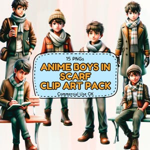 スカーフを巻いたアニメの少年 15 点のクリップアート | 心地よい秋の美的 PNG | スクラップブッキング、ステッカー、招待状用の秋のファッション デジタル アート