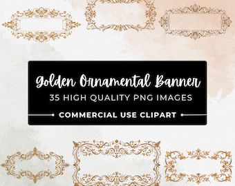 May include: A collection of golden ornamental banner designs with intricate floral and scrollwork patterns. The image includes a black rectangle with the text "Golden Ornamental Banner" and "35 High Quality PNG Images". The words "Commercial Use Clipart" are also included.