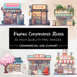 May include: A collection of colorful, illustrated Kawaii convenience stores. The image includes various store designs with Japanese text, vending machines, and a black banner that reads "Kawaii Convenience Stores" and "30 HIGH QUALITY PNG IMAGES".
