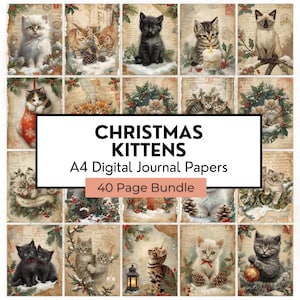 Può includere: Una collezione di 20 carte da diario digitali A4 con illustrazioni di gattini a tema natalizio. Le carte mostrano il testo "CHRISTMAS KITTENS" e "40 Page Bundle". Le immagini presentano gattini in ambientazioni festive.