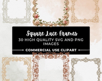 30 Square Lace Frames Clipart SVG PNG Bundle, Vintage Floral Lace Borders, Elegant Wedding Invitation Frames