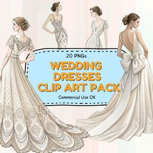 Elegante vestido de novia Clipart PNG Set para invitaciones, scrapbooking, decoración de despedida de soltera, planificadores digitales y proyectos de boda