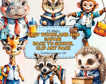 Back to School Animal Clipart Bundle – 35 PNGs, Watercolor School Animals, Cute Classroom Graphics and Teacher Resources