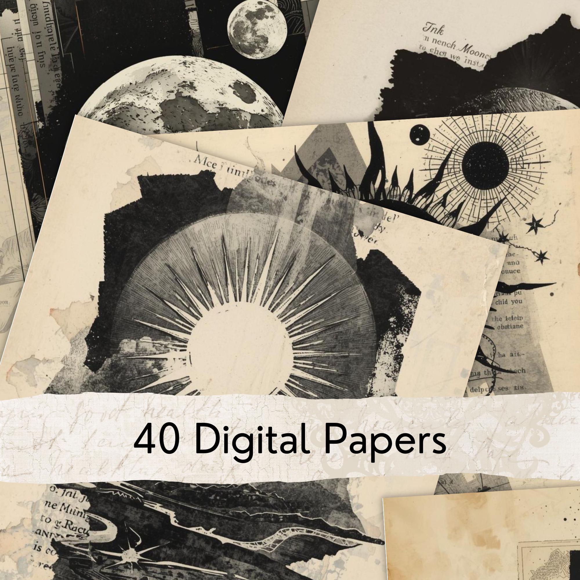 Vintage Celestial Digital Paper, Gothic Astronomy Collage JPG Set, Dark ...