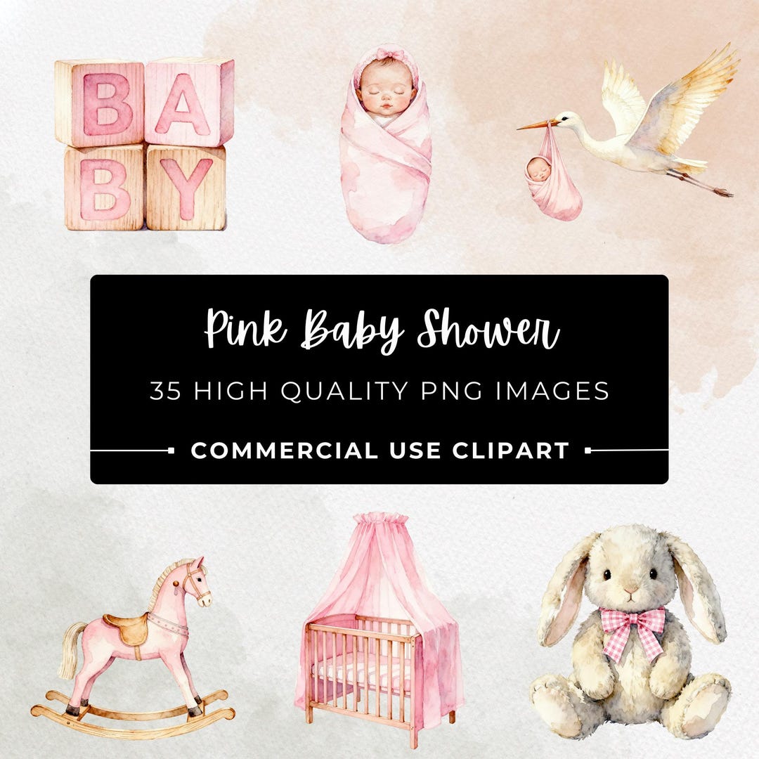 Pink Baby Girl Clipart Bundle, 35 PNG Watercolor Newborn Elements ...