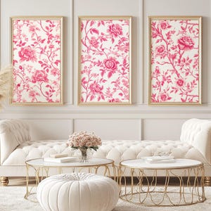 Chinoiseries roses murales triptyque floral oeuvre d&#39;art 3 pièces art mural coquette imprimable décoration affiche rose clair dopamine Decor bohème cadeau