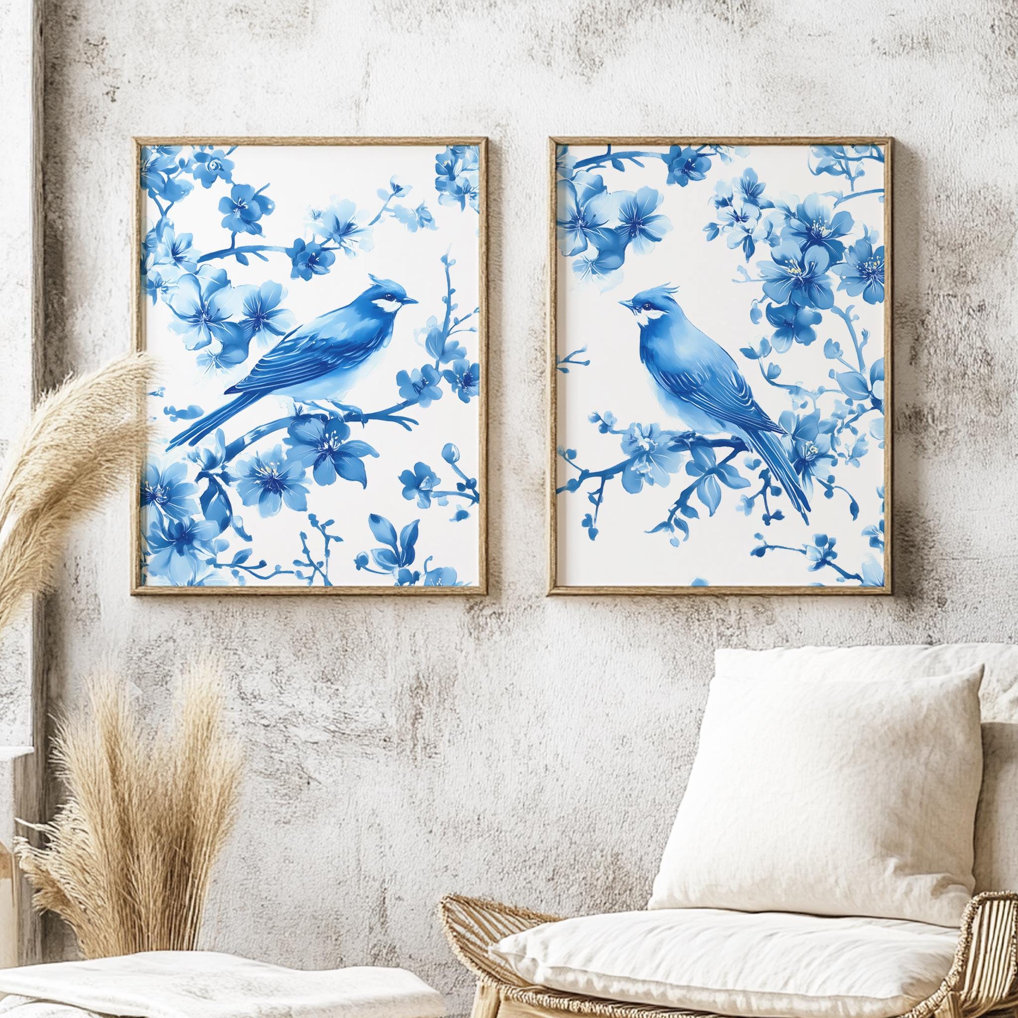 Blue Chinoiserie Wall Art Two Piece Bird Wall Art Toile De Jouy Giclee ...