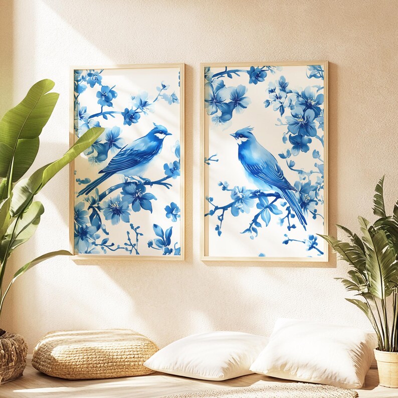 Blue Chinoiserie Wall Art Two Piece Bird Wall Art Toile De Jouy Giclee ...