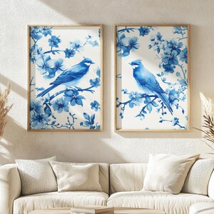 Blue Chinoiserie Wall Art Two Piece Bird Wall Art Toile De Jouy Giclee ...