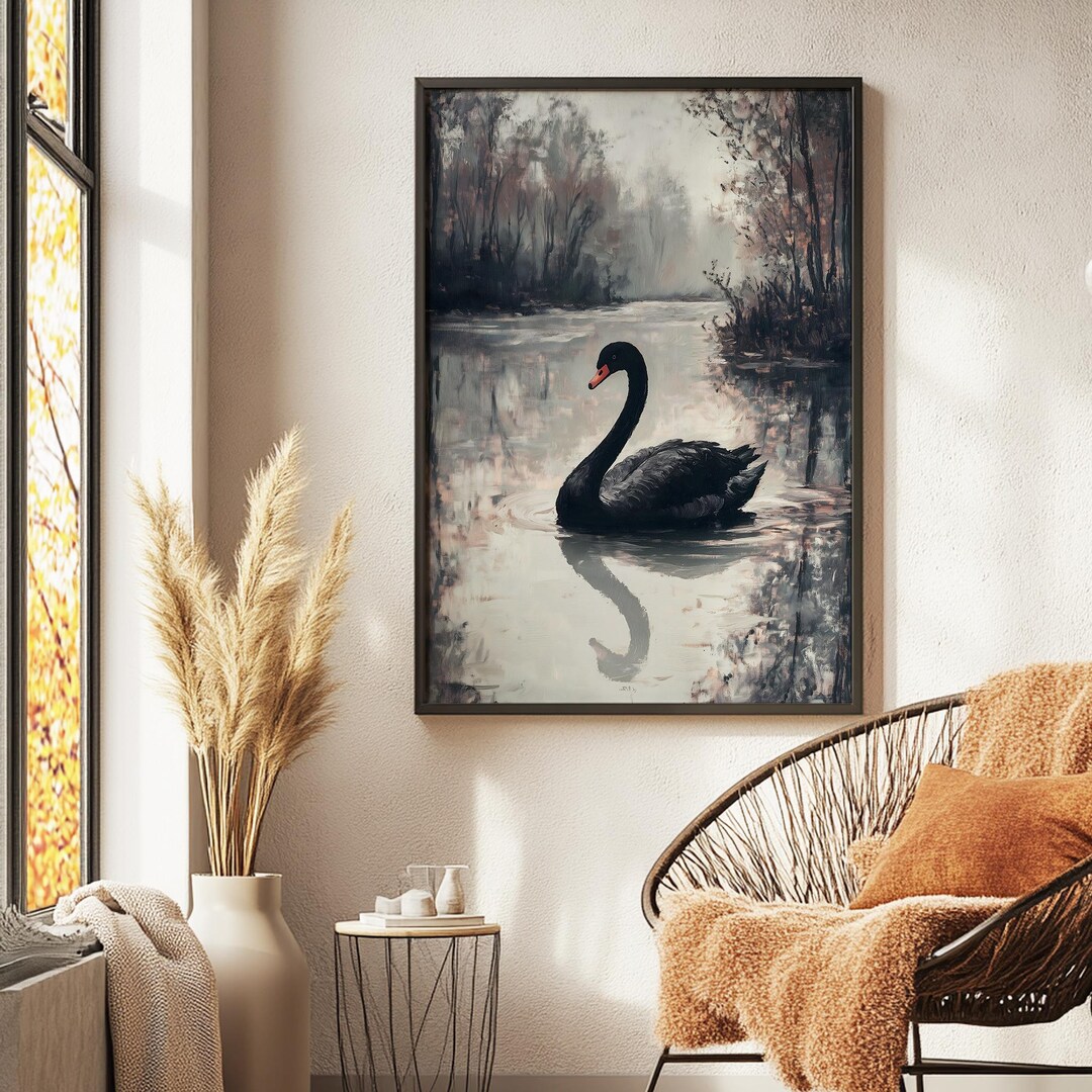Black Swan Oil Painting Print Antique Moody Wall Decor Mute Swan Art ...