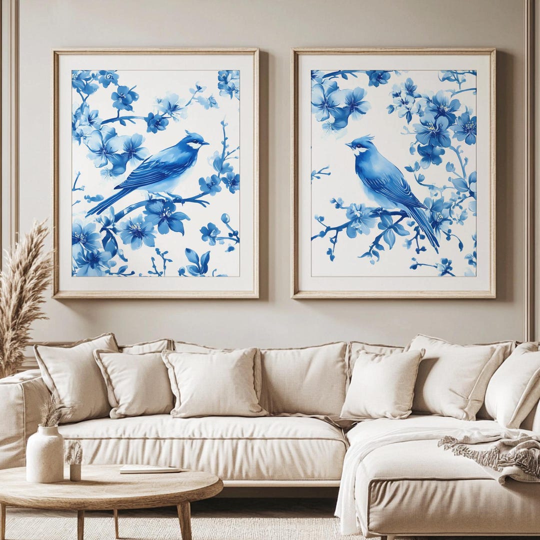 Blue Chinoiserie Wall Art Two Piece Bird Wall Art Toile De Jouy Giclee ...