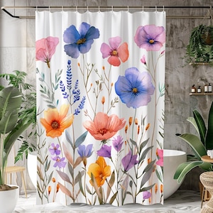 Boho Shower Curtain Boho Floral Bathroom Decor Coquette Accessories Housewarming Gift For Her Colorful Watercolor Wildflowers Cute Botanical