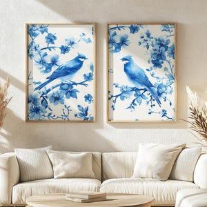 Blue Chinoiserie Wall Art Two Piece Bird Wall Art Toile De Jouy Printable Coquette Room Decor Antique Print Set Asian Wall Art Coastal Art
