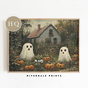 May include: A framed print depicting a Halloween scene with a vintage feel. Two ghost figures and carved pumpkins are in a garden, with a house in the background. The print has a rustic, antique aesthetic.