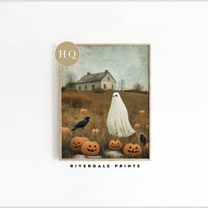 May include: A vintage-style illustration of a white ghost standing in a field with a small white house in the background. There are several jack-o'-lanterns and two black crows in the field. The text "RIVERDALE PRINTS" is at the bottom of the image.