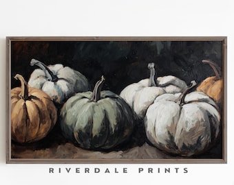 Pumpkin Oil Painting, Fall Harvest Still Life, Farmhouse TV Frame Art (Digital Download)
