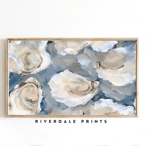 May include: An abstract painting of oysters in a wooden frame. The artwork features a palette of white, beige, and blue hues, with visible brushstrokes. The text "RIVERDALE PRINTS" is printed in black at the bottom of the frame.