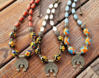 Brass, Millefiori Beads, Multicolor Moroccan Necklace, Ethnic Accessory