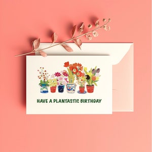 Carte d'anniversaire plantastic colorée, cartes de voeux imprimables pour les amateurs de plantes, aquarelle florale numérique, tulipes et coquelicots art mural