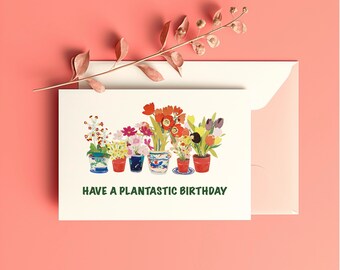 Bunte Geburtstagskarte für Pflanzenliebhaber, druckbare Grußkarten, digitales Blumendesign Aquarell, Tulpen und Mohnblumen Art Wanddeko