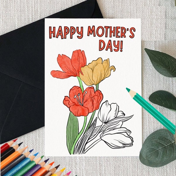 Coloring Elegant Tulips Card, Coloring Book Style Printable Greeting Cards, Digital, Minimalist Mother’s Day, Gift, Custom