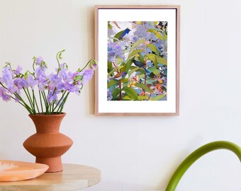 バイオレットの鳥の水彩画、緑の自然のレトロなプリント、室内装飾、静かな花の芸術的なアクセント、穏やかな鳥のイラスト