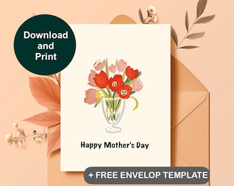 Rote und rosa Tulpen Karte, Elegante druckbare Grußkarten in Wasserfarbendesign, Digital, Minimalistisch, Muttertag, Geschenk, Individuell