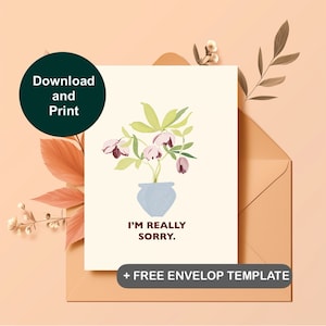 Mi dispiace biglietto di scuse, biglietti d'auguri stampabili con fiori ad acquerello, tavolozza di colori tenui, auguri digitali di condoglianze, regalo, personalizzato