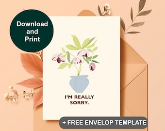 Es tut mir leid, Entschuldigungskarte, druckbare Grußkarten mit Aquarellblumen, gedämpfte Farbpalette, digitale Beileidsgrüße, Geschenk, individuell