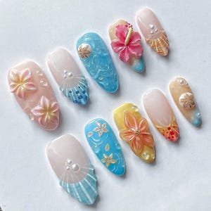 Handmade Tropical Flower Shell Pearl Beach Vacation Press on Nails, Summer Tropical Vibes Press On Nails, 3D Floral Pink Nails