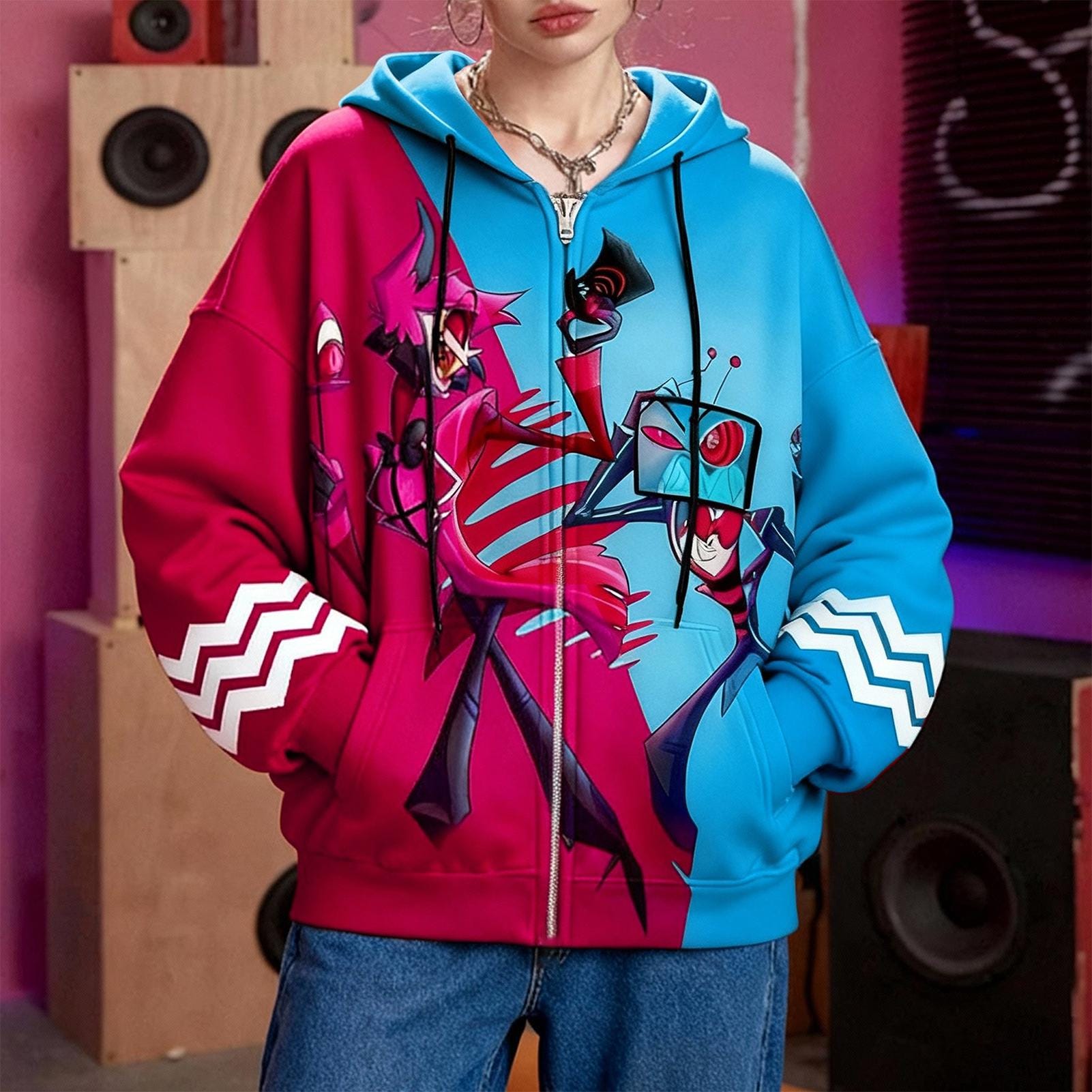 AIPILEI Hazbin Hotel, Giacca con cappuccio Alastor/Angel Dust, per cosplay, costume anime stampato in 3D, con cerniera, unisex, (tipo 1, 5XL
