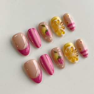 Berry Lemonade Press on Nails, 3D Cute Fruits Orange Strawberry Waterproof Nails, Summer Press On Nails, Juicy Floral Press On