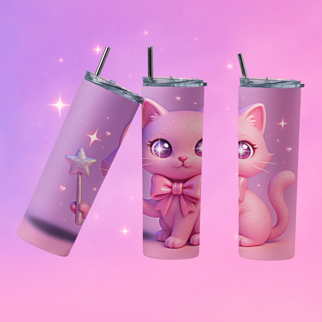 Cute Kawaii Cat Tumbler Wrap PNG | Pink Magic Cat Sublimation | Sparkle ...
