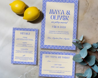 Editable Wedding Invite Suite · Digital Wedding Invitation · Limoncello Love Letters Design · Editable Canva Template · Blue