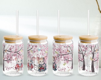 Sakura Snowstorm Sipper Glass: Cherry Blossom Tempered Glass Can with Bamboo Lid