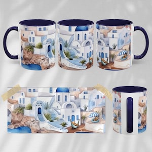 Santorini Dreaming Ceramic Mug | 11oz White Ceramic Coffee Mug | Colorful Interior & Handle | Lead, BPA-Free | Gift Idea