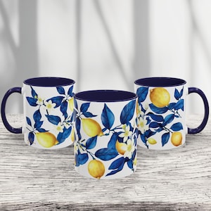 Mediterranean Azure Lemon Mug: Blue Floral Ceramic Coffee Cup, Cottagecore Kitchen