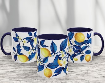 Mediterranean Azuria Lemon Mug: Blue Floral Ceramic Coffee Cup, Cottagecore Kitchen