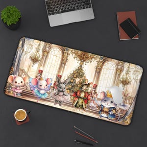 May include: A colorful mouse-themed Christmas mouse pad with a Nutcracker and a Christmas tree. The mouse pad features a whimsical scene with mice dressed as ballerinas and a Nutcracker soldier.