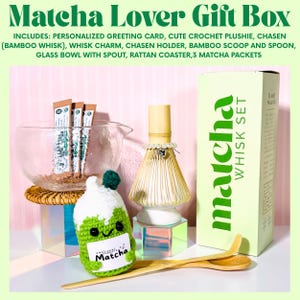 May include: Matcha Lover Gift Box includes a personalized greeting card, crochet plushie, bamboo whisk, whisk charm, chasen holder, bamboo scoop and spoon, glass bowl, rattan coaster, and matcha packets. The box features a matcha whisk set.
