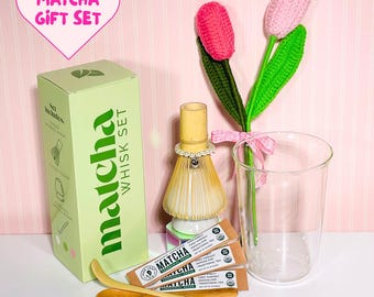 Matcha Tea Gift Set Traditional Matcha Starter Kit Complete Box Gift Idea Aesthetic Glass Cup Tea Lover Birthday Present Crochet Flowers