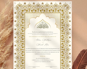 Nikkah Contract | Custom Luxury Nikkah Certificate | Nikkahnama | Islamic marriage | Gold Islamic Border Traditional Design | Katb Kitab